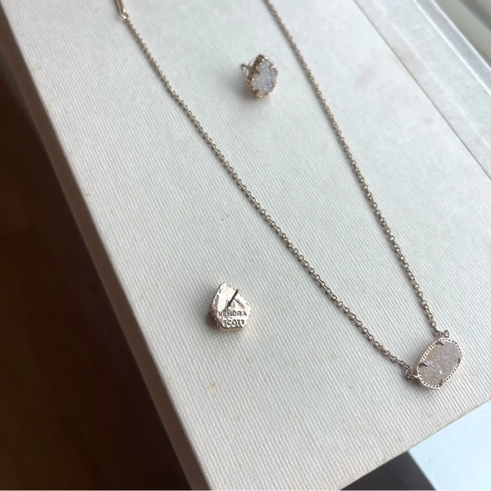 Kendra Scott Elisa Rose Gold Pendant Iridescent Drusy Necklace & Tessa Earrings